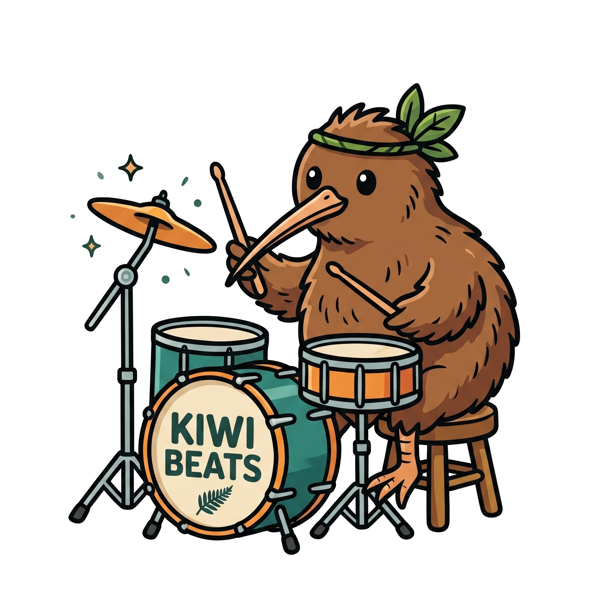 KitKiwi mascot — a kiwi bird playing drums