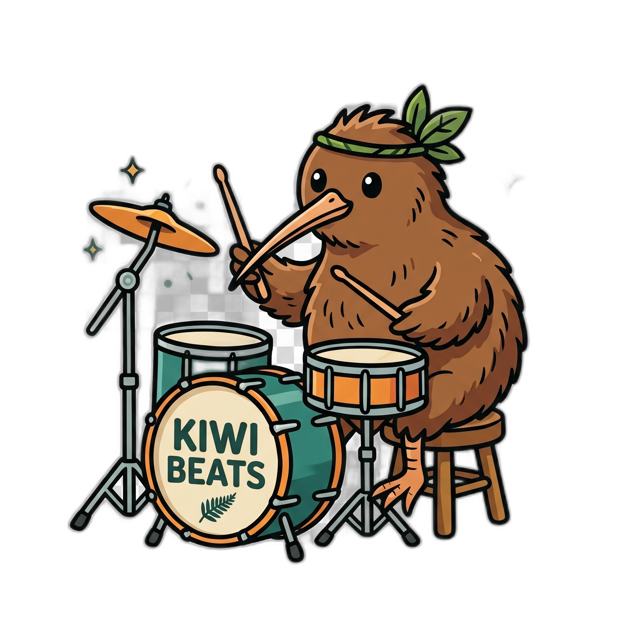 KitKiwi mascot — a kiwi bird playing drums